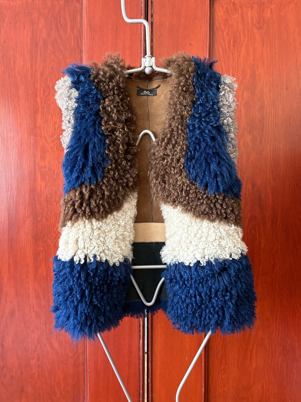 A&A VESA Patchwork White/Blue/Grey/Taupe Sheepskin Vest Size 36 Made in Romania